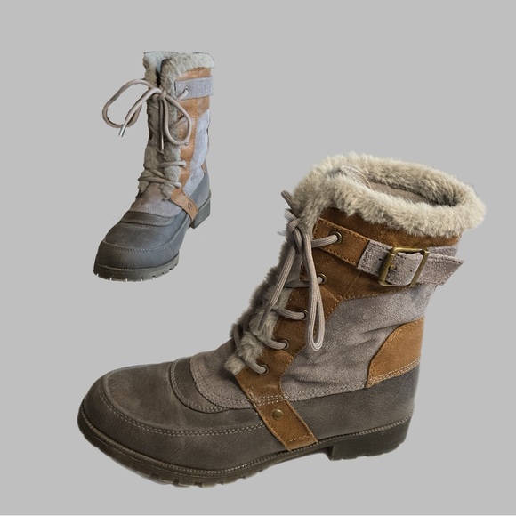Jellypop Chanda Boots Fur Trim Women’s sz 8 Gray and Brown Lace up Buckles - Picture 1 of 12